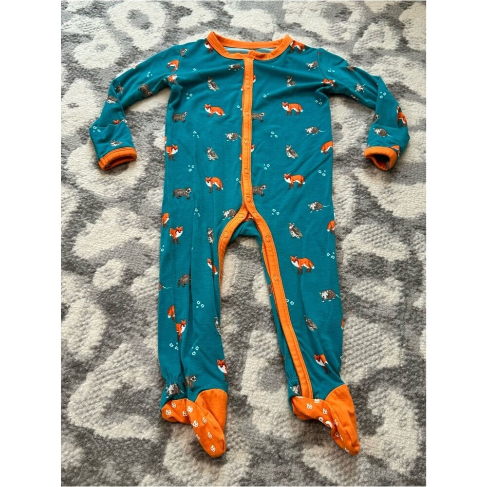 3-6 Month Bubble Baby Critters Fox Raccoon Blue Orange Bamboo Button Up Footie